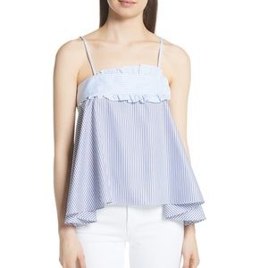 Carven Blue White Pinstripe Ruffle Swing Cotton Babydoll Tank Top Sz 8 & 10 NWT